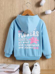 SHEIN Áo sweatshirt tay rớt vai in họa tiết hoa và khẩu hiệu dành cho bé gái - Màu xanh nhạt - Xem 1