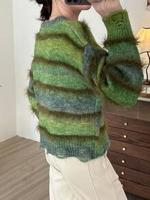 Green Striped Sweater For Autumn/Winter - Green - View 2