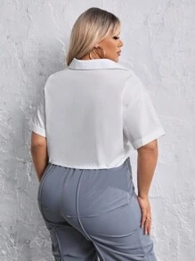 SHEIN SXY Plus Size Cropped Tie-front Shirt - White - View 2