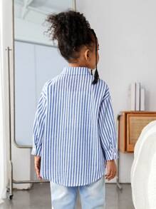 SHEIN 年轻女孩闪亮街头休闲宽松编织条纹长袖衬衫，春季 - 藍色 - 查看 2