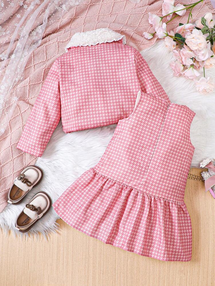 Young Girls Elegant Pink Houndstooth Corduroy Thick Coat With White Lace Peter Pan Collar, Matched With Dress, For Autumn And Winter