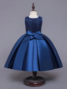 Cô gái Sáng bóng Long lanh Bowknot Đầm Party - Màu xanh hải quân - Xem 2