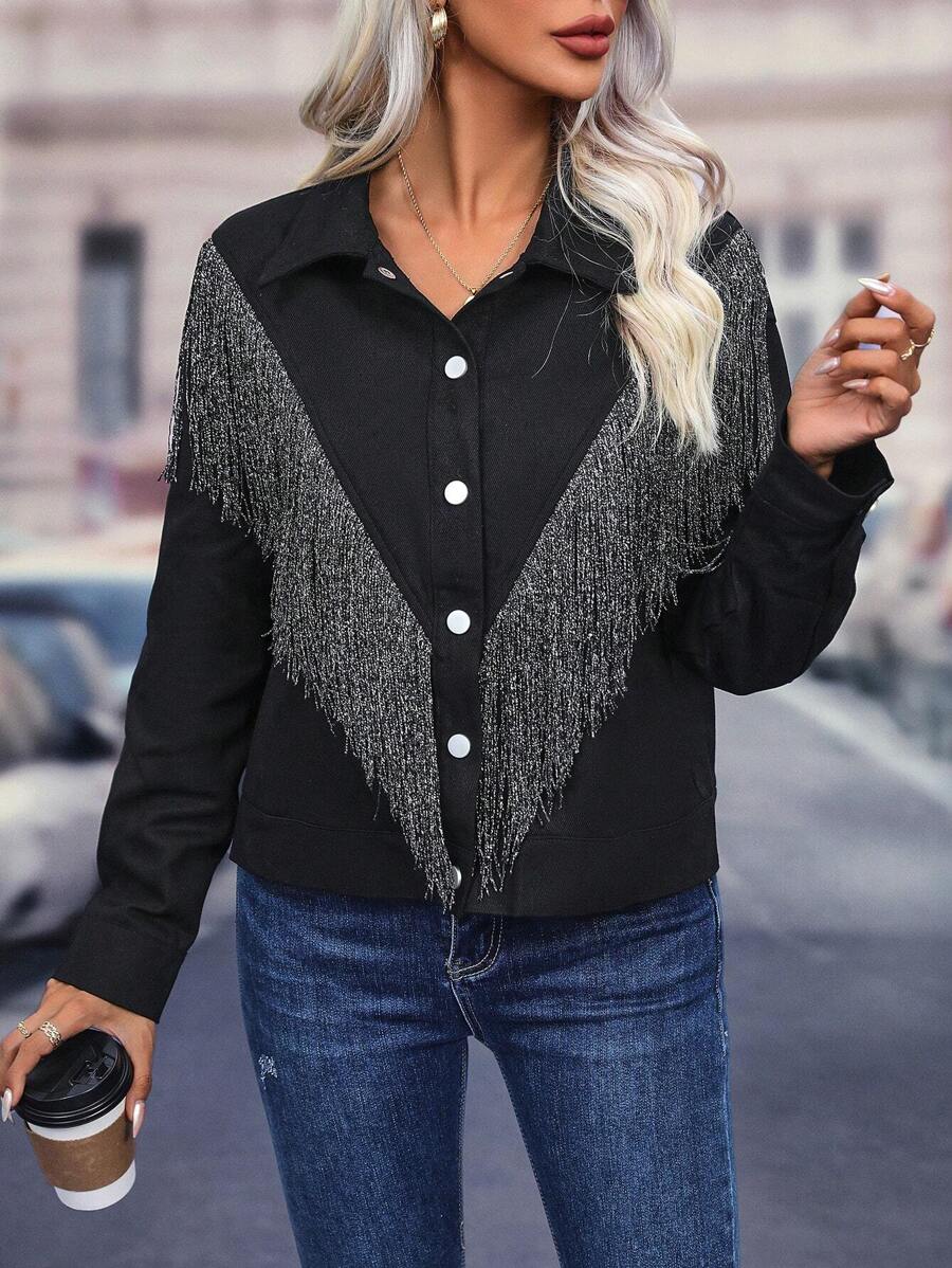 Chiquease 流蘇邊前紐扣夾克 - 黑色 - 查看 1