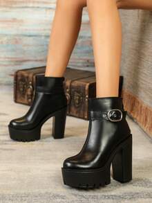 Women's Fashion Minimalist Buckle Black Short Boots With High Heels - Black - View 3