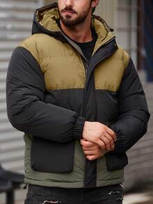 Manfinity Homme 超大号男式双色夹棉大衣，配有翻盖口袋和连帽 - 咖啡棕 - 查看 5