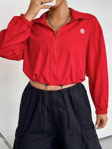 Flirla Hơn Chi tiết Patched thư Viền kéo ra Thả vai Áo khoác - Đỏ - Xem 7