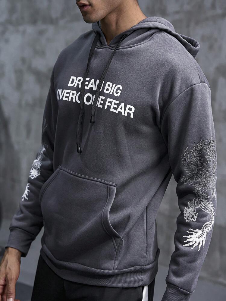 Men Letter Graphic Kangaroo Pocket Drawstring Sports Sweatshirt Men Sweatshirt