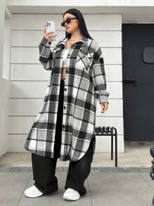 SHEIN EZwear 大尺碼女士黑白格紋編織羊毛外套 - 黑與白 - 查看 4