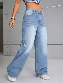 SHEIN EZwear Women's Wide Leg Denim Jeans - Light Wash - View 3