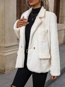 SHEIN LUNE Women's Plush Suit Jacket - Beige - View 3