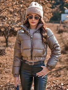 SHEIN LUNE Áo khoác đệm PU cổ đứng tay dài màu trơn giản dị, quần áo mùa thu/đông - Cà phê nâu - Xem 3