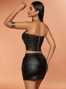 Rave 2 Miếng chất liệu da PU Lace lên phía trước Dây kéo Trở lại Áo Tube Crop & Thắt lưng Váy bodycon - màu đen - Xem 2