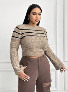 SHEIN EZwear Große Größe Crop Pullover mit Streifen Muster, - Verschiedenfarbig - Übersicht 3
