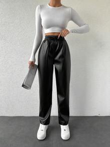 EURMUSE Của phụ nữ Eo dây rút chất liệu da PU Quần - màu đen - Xem 5