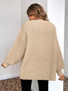 SHEIN Essnce 前紐扣落肩袖開襟衫 - 卡其色 - 查看 2