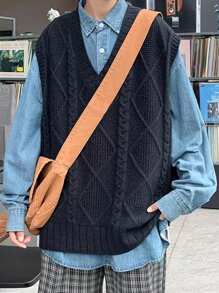 Aesthetic Post 男士V領扭結針織背心 - 黑色 - 查看 1