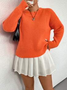 Flirla 大碼素色條紋針織套頭毛衣 - 橘色 - 查看 1