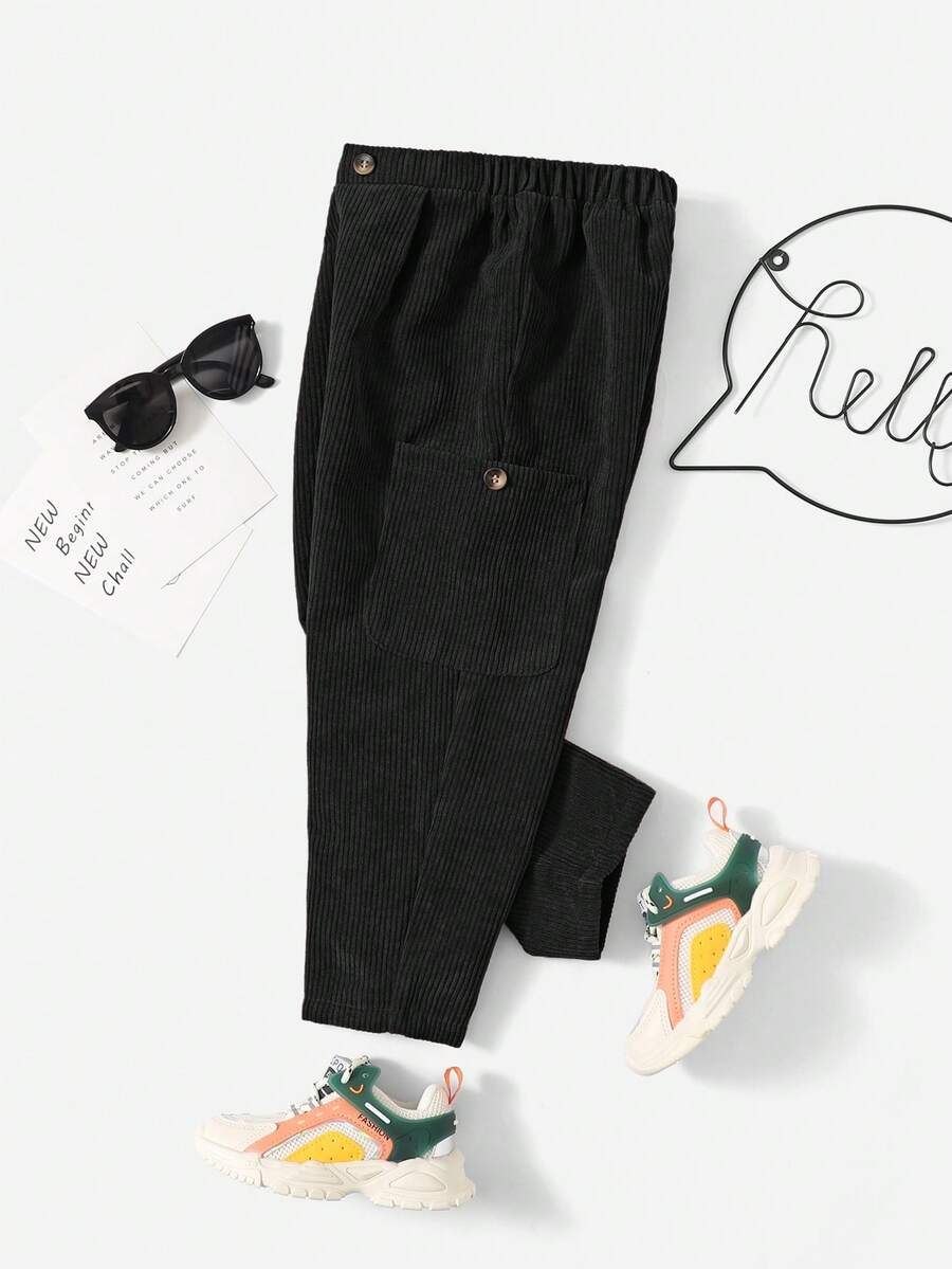 SHEIN Young Boy's Casual Corduroy Pants With Elastic Waistband - Black - View 1