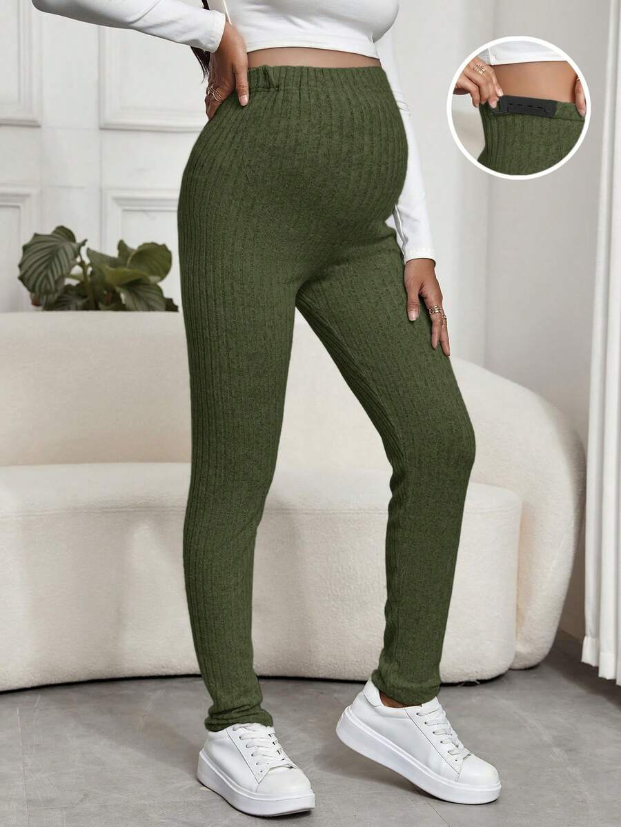 SHEIN Thai sản Màu thuần Sọc & Sọc Xà cạp - Màu xanh Ô liu - Xem 1