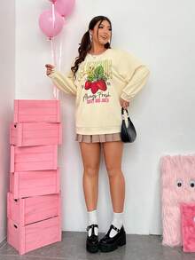 SHEIN EZwear Kích thước lớn Dâu tây & In Khẩu hiệu Thả vai Áo nỉ - Màu be - Xem 5