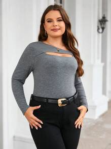 SHEIN Clasi Của phụ nữ Kích thước lớn Không đối xứng Đường viền cổ áo Xu hướng: Cắt giảm Chất rắn Tay áo dài Áo thun - Màu xám đen - Xem 4