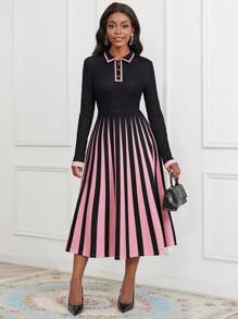 SHEIN Lady Women's Striped Turn-down Collar Dress - Multicolor - View 1