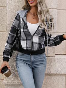 SHEIN LUNE Plaid Hooded Zipper Jacket - Multicolor - View 5