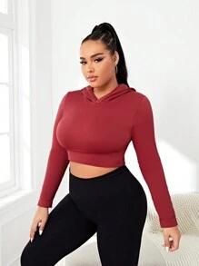 SHEIN Sports Plus Size Seamless Hooded Sports Sweatshirt - Burgundy - View 5