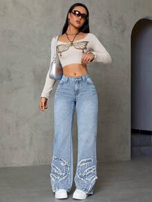 SHEIN ICON 斜口袋毛邊寬腿牛仔褲 - 中等水洗藍 - 查看 3