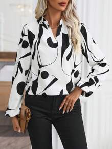 SHEIN Privé Women's Geometric Printed Notch Collar Lantern Sleeve Blouse - Multicolor - View 1