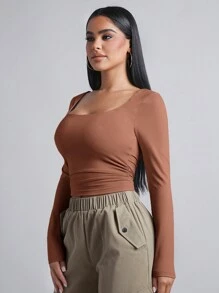 SHEIN PETITE 圆领侧边褶皱T恤 - 鏽棕色 - 查看 5