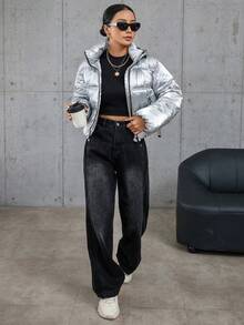 SHEIN Essnce Abrigo acolchado con capucha con cordón metálico de PU, ropa de invierno de moda - Plateado - Ver 3