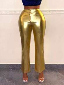 SHEIN SXY Metallic Pu Leather Party Women's Pants - Gold - View 4