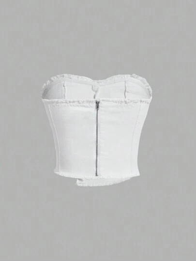 SHEIN MOD Top cu corset alb, fără bretele, cu tiv asimetric, decorat cu nasturi