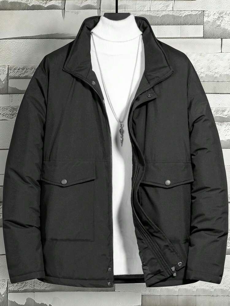 Men Flap Pocket Zip Up Padded Coat Without Sweater