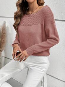 SHEIN Essnce 女款休閒不對稱領口落肩毛衣 - 鏽棕色 - 查看 3