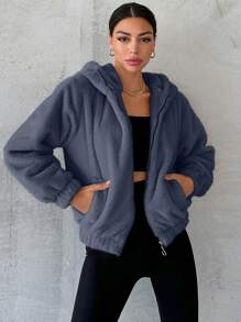 RueChic Women's Solid Color Hooded Fleece Jacket - Dark Grey - View 3