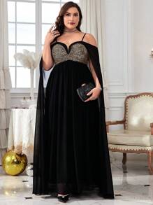 Plus Size Sleeveless Halter Neck Sequined Party Dress Black Elegant Long Sleeve Formal Evening Prom Wedding Guest Gown, For Graduation, Dinner - 黑色 - 查看 6