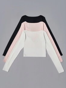 SHEIN Unity 3pcs Đường viền cổ có rãnh Áo phông Crop - Nhiều màu - Xem 2