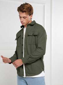 EURMUSE Men's Solid Color Flap Pocket Jacket - Army Green - View 4