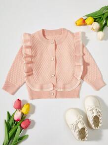 Baby Girls' Ruffle Trim Decor Button Front Cardigan - Baby Pink - View 1