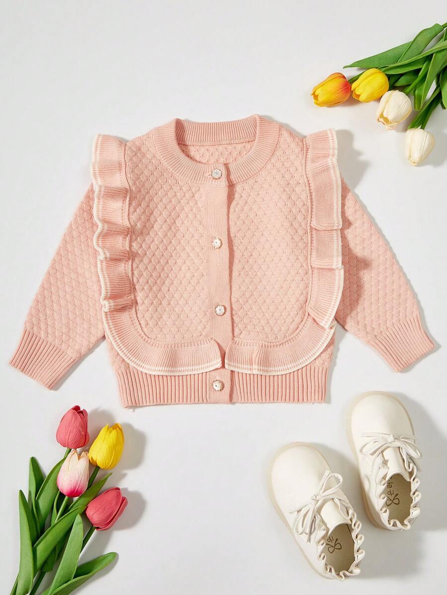Baby Girls' Ruffle Trim Decor Button Front Cardigan - Baby Pink - View 1