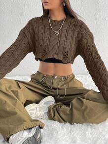 SHEIN Unity Short Cable Textured Sweater - Coffee Brown - View 7