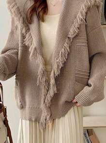 Flirla 毛邊領開襟衫 - 卡其色 - 查看 1