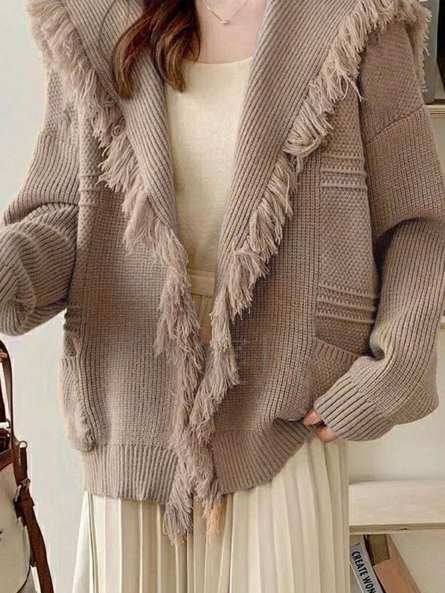 Flirla 毛邊領開襟衫 - 卡其色 - 查看 1