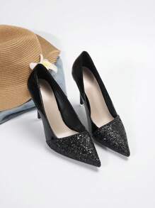 法式高跟鞋黑色金屬亮絲鞋適合女士,秋天新品上架尖頭,性感