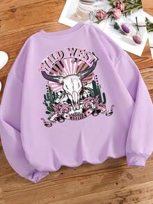 SHEIN EZwear Áo thun có tay có họa tiết văn bản cỡ lớn - Màu tím - Xem 4