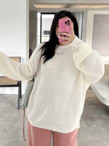 Dazy Petite Plus Women's Solid Color Round Neck Sweater - White - View 1