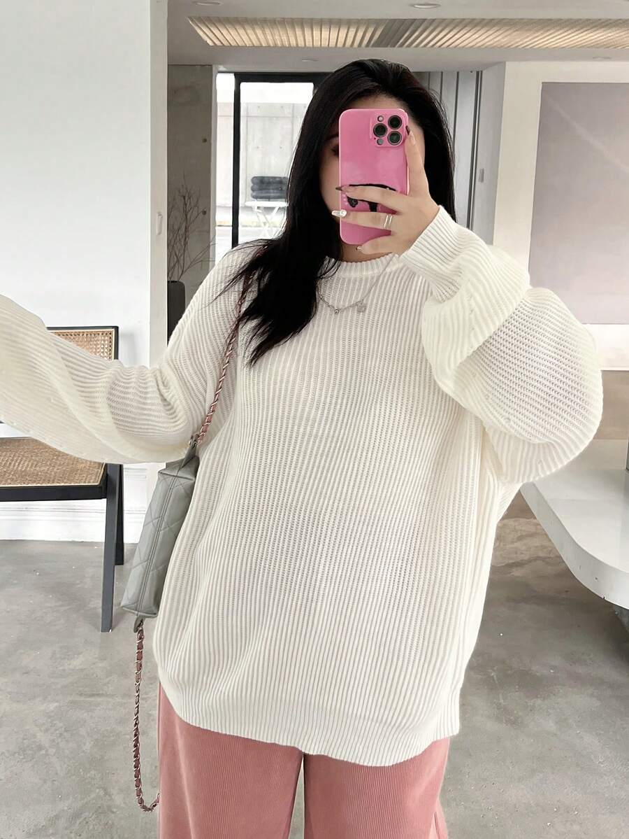 Dazy Petite Plus Women's Solid Color Round Neck Sweater - White - View 1