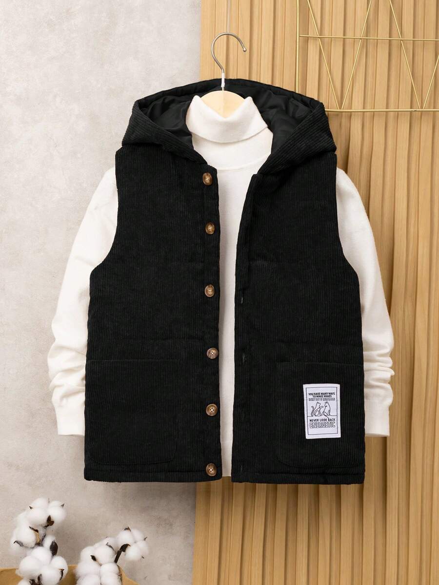 SHEIN Tween Boy 1 件字母拼接细节连帽背心加厚外套 - 黑色 - 查看 1